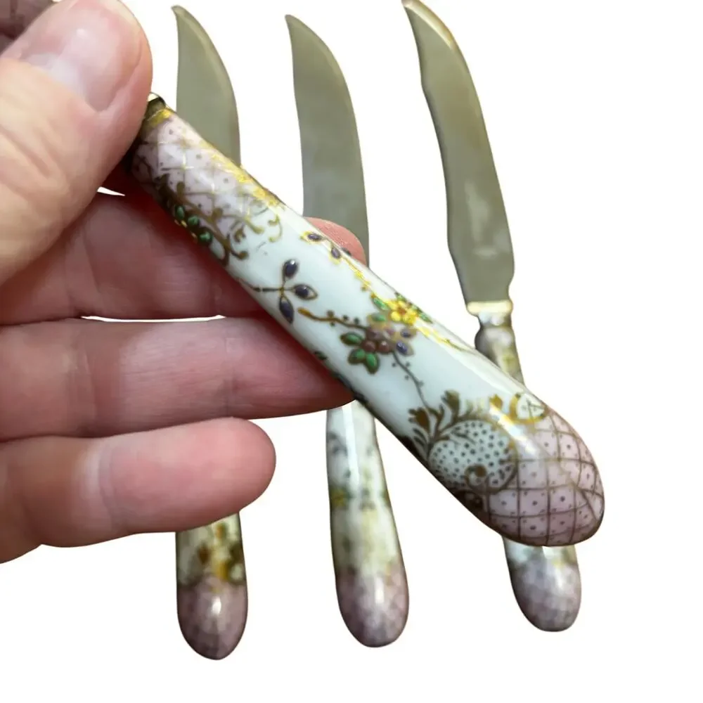 Vintage Hand Painted Pink Porcelain Handle Sheffield stainless steel knives (4)